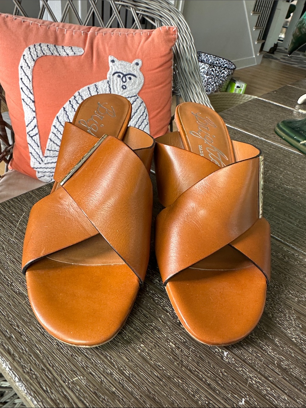 Brighton Cognac Leather Crisscross Slide Mulese 8M NWOT